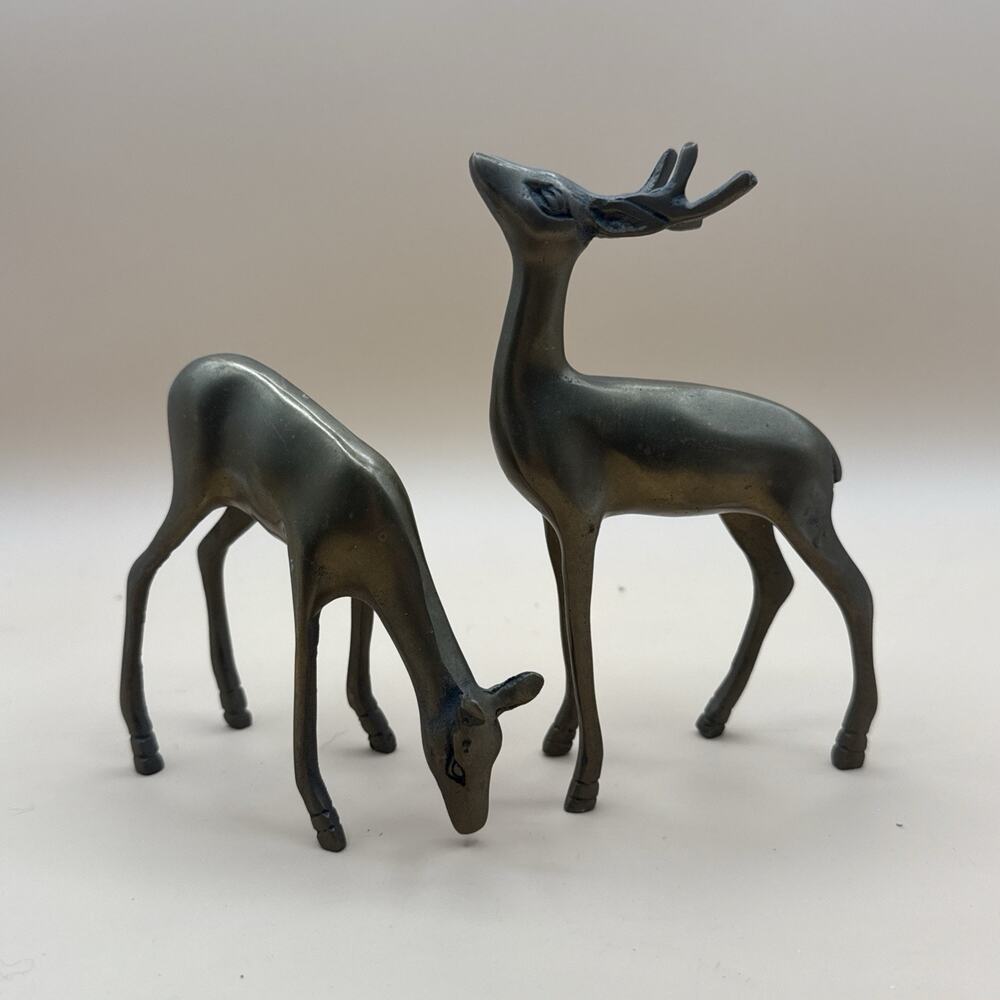 Vintage Solid Brass Buck Doe Deer pair Figurines/Sculptures set of 2 Decor MCM